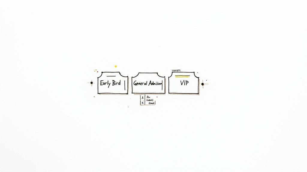 Hand-drawn illustration showing three event ticket categories: Early Bird, General Advisor, and VIP.