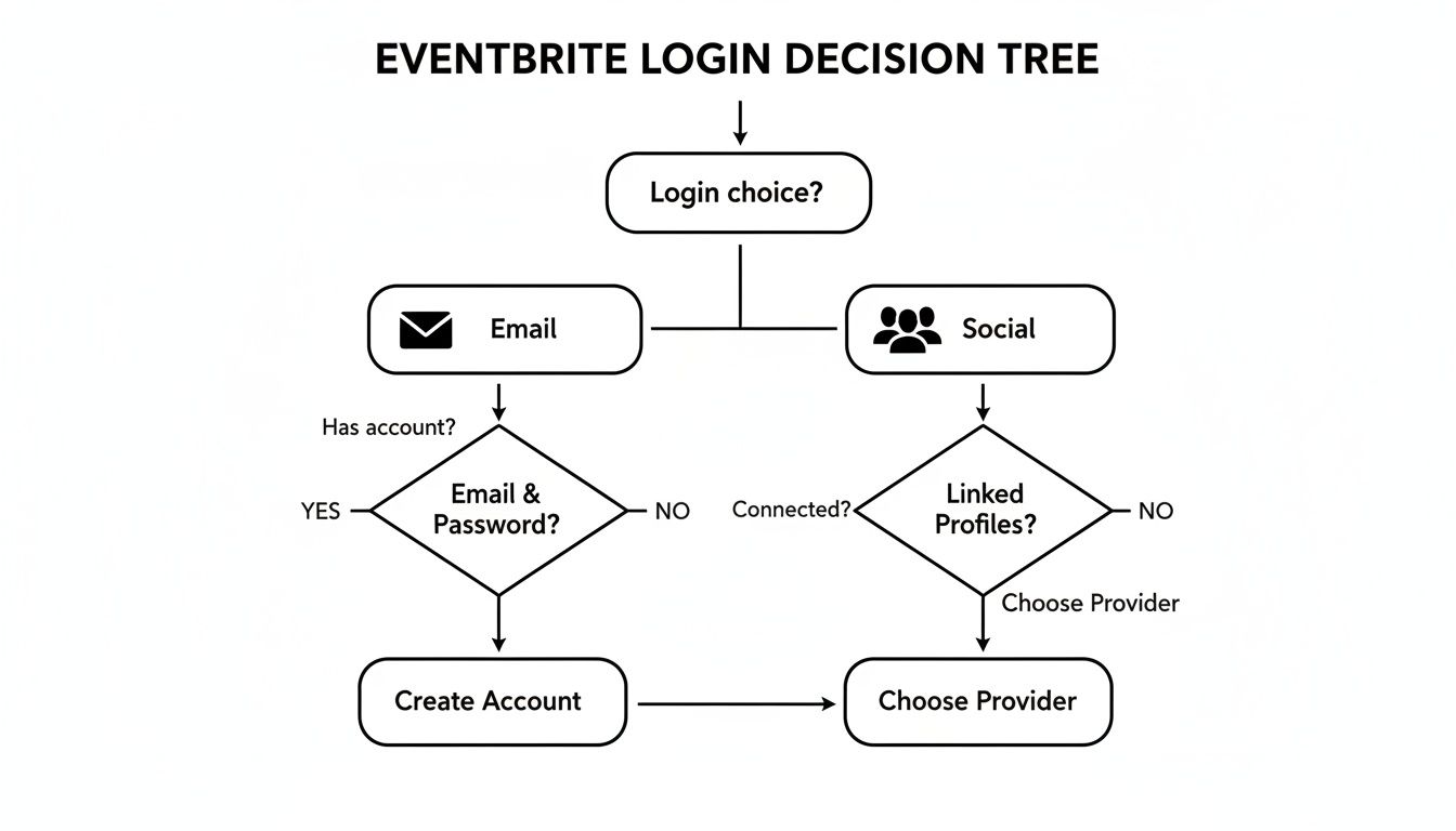 A decision tree flowchart for Eventbrite login, detailing email and social account steps.