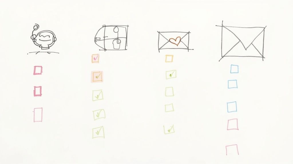 Hand-drawn icons with colored checklists. Each icon has a column of checkboxes, some checked, some empty.