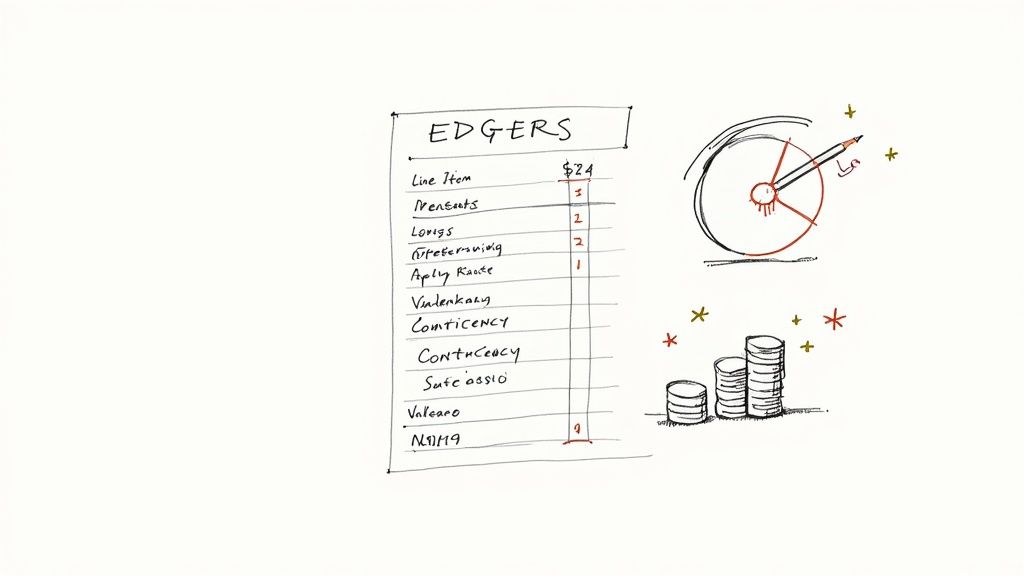 Handwritten list, a target diagram with a pencil, and stacked coins, suggesting planning and finances.
