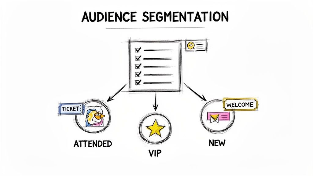 A hand-drawn diagram illustrating audience segmentation into 'Attended', 'VIP', and 'New' categories.