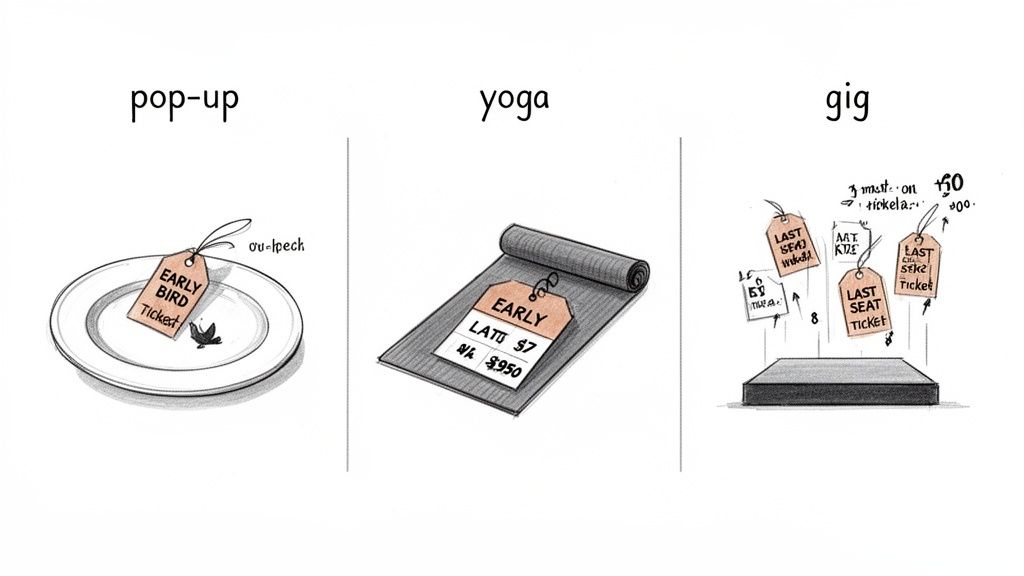 Illustrations demonstrate dynamic ticket pricing strategies for a pop-up event, yoga class, and music gig.