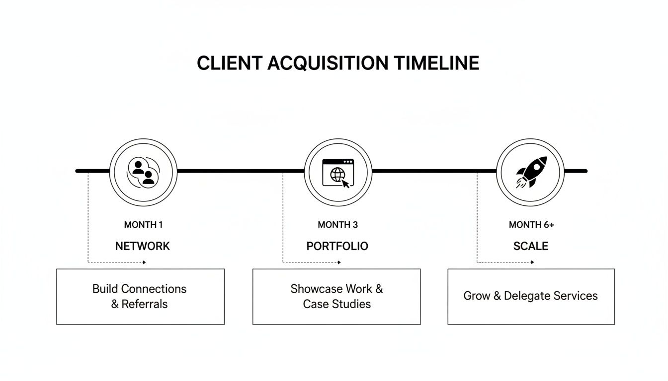 A client acquisition timeline graphic outlining three stages: Network (Month 1), Portfolio (Month 3), and Scale (Month 6+).
