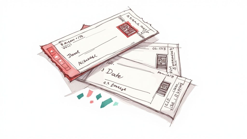A watercolor sketch depicting a stack of three event tickets with handwritten details and barcodes.