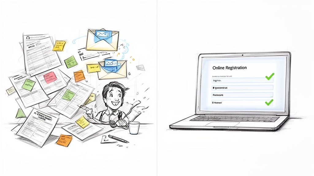 A person overwhelmed by paper documents contrasts with a laptop showing an efficient online registration form.