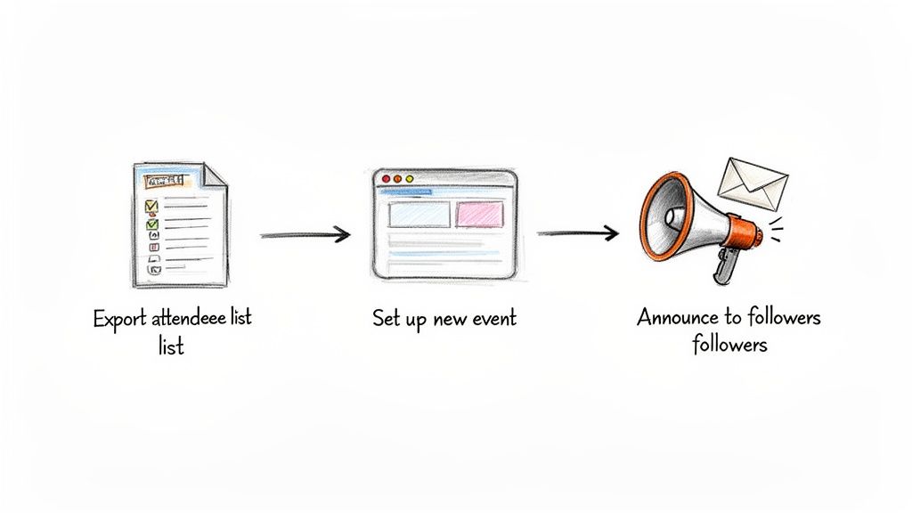 A workflow diagram illustrating event planning steps: export attendee list, set up new event, and announce to followers.