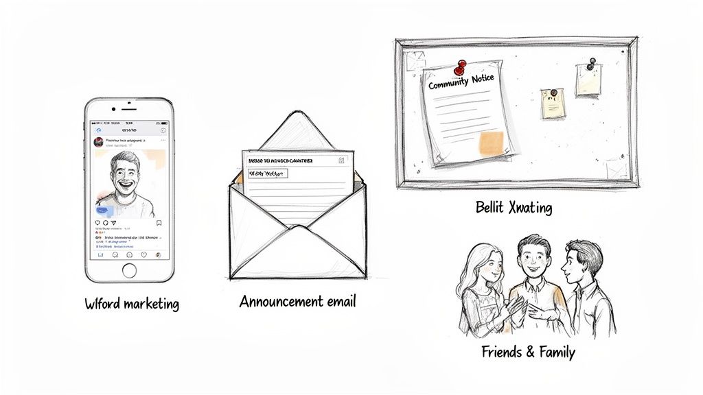 Four illustrations demonstrating different communication methods: social media, email, bulletin board, and word-of-mouth.