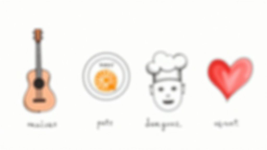Four icons representing guitar music, food plate, chef cooking, and red heart symbol