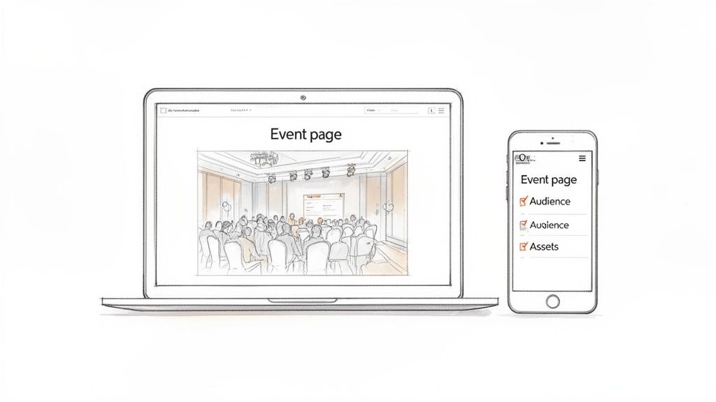 A laptop and smartphone display an 'Event page' with a conference illustration and checklist.