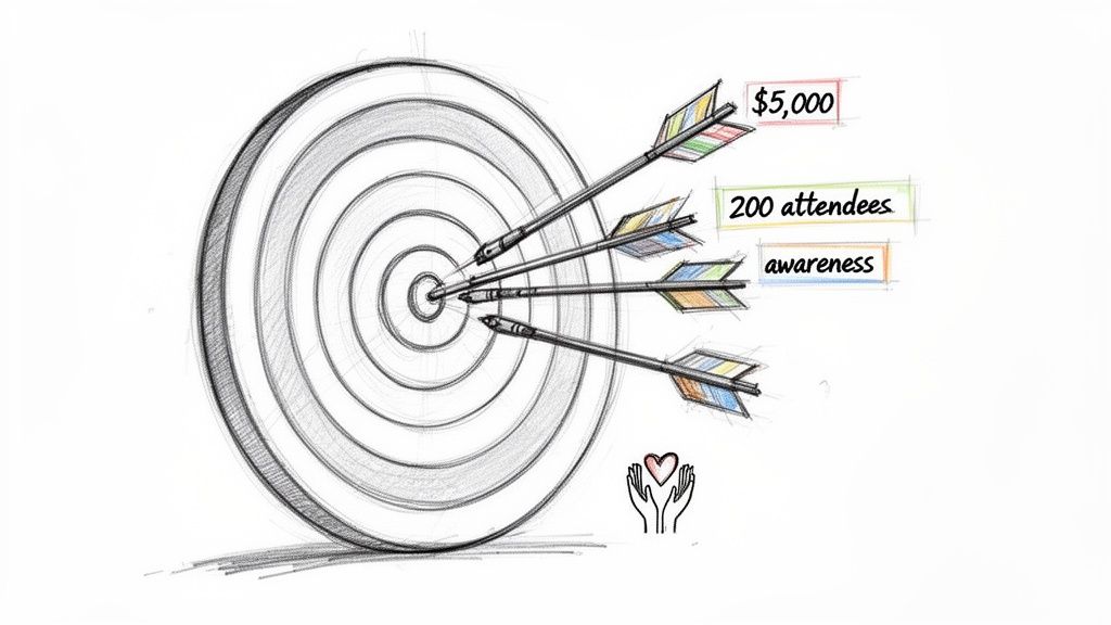 A sketch of a target with arrows hitting the bullseye, representing goals: $5,000, 200 attendees, and awareness for a charity event.