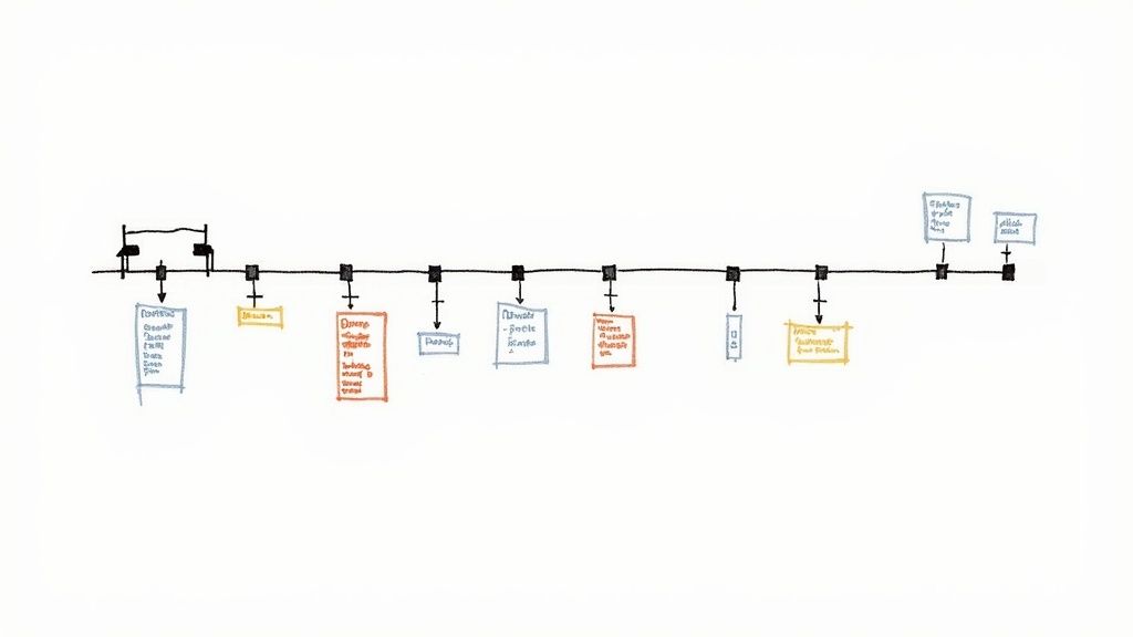 A handwritten project timeline diagram illustrating various event management phases and notes in colorful boxes.