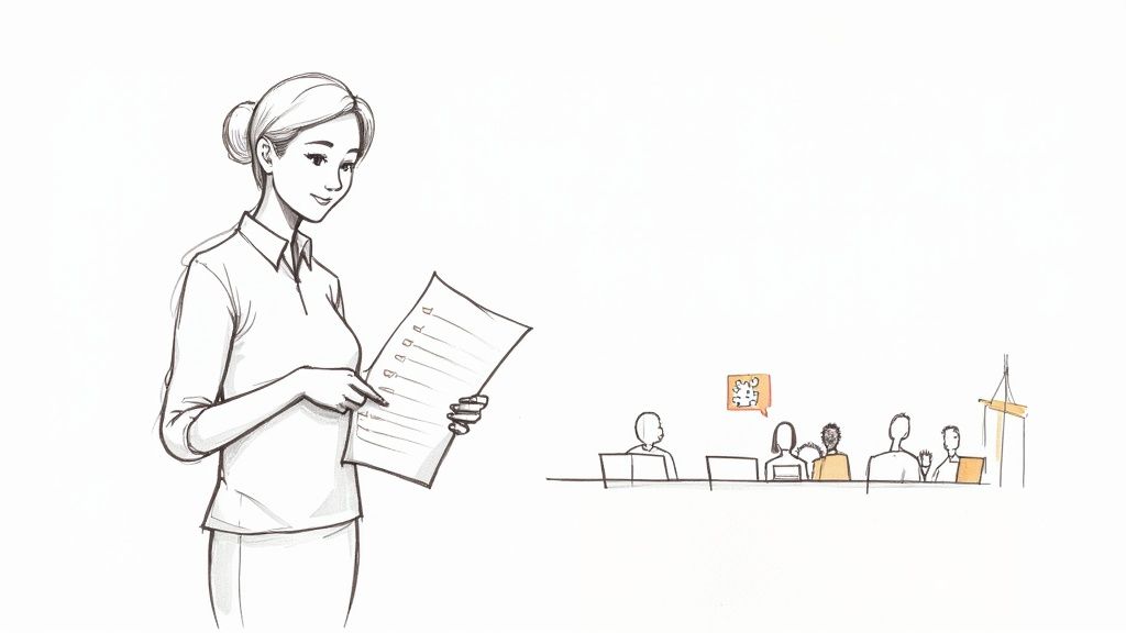 An illustration of a woman reviewing a checklist while a group attends a meeting.