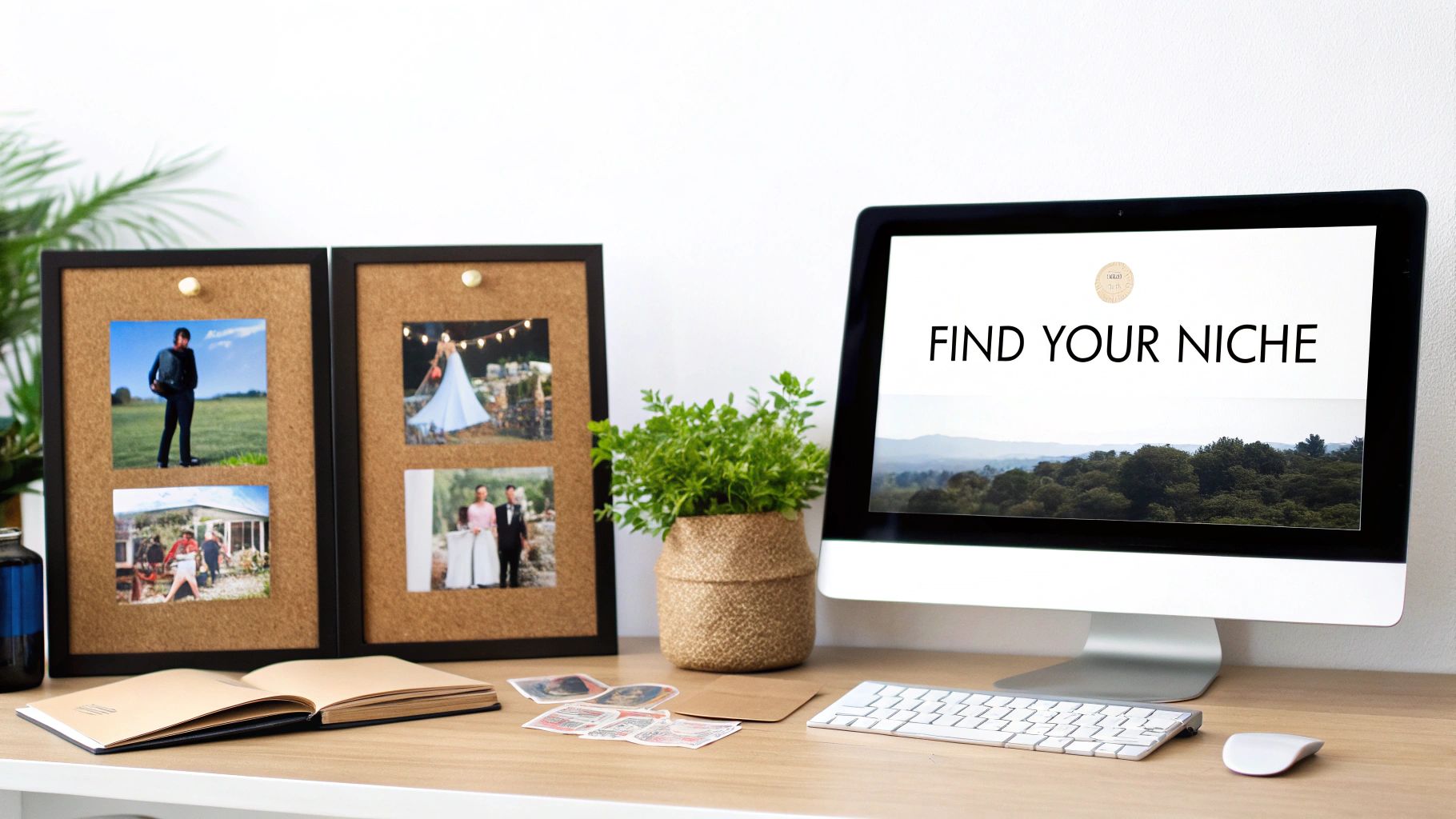 A focused event planner working at a desk with a laptop and mood board.