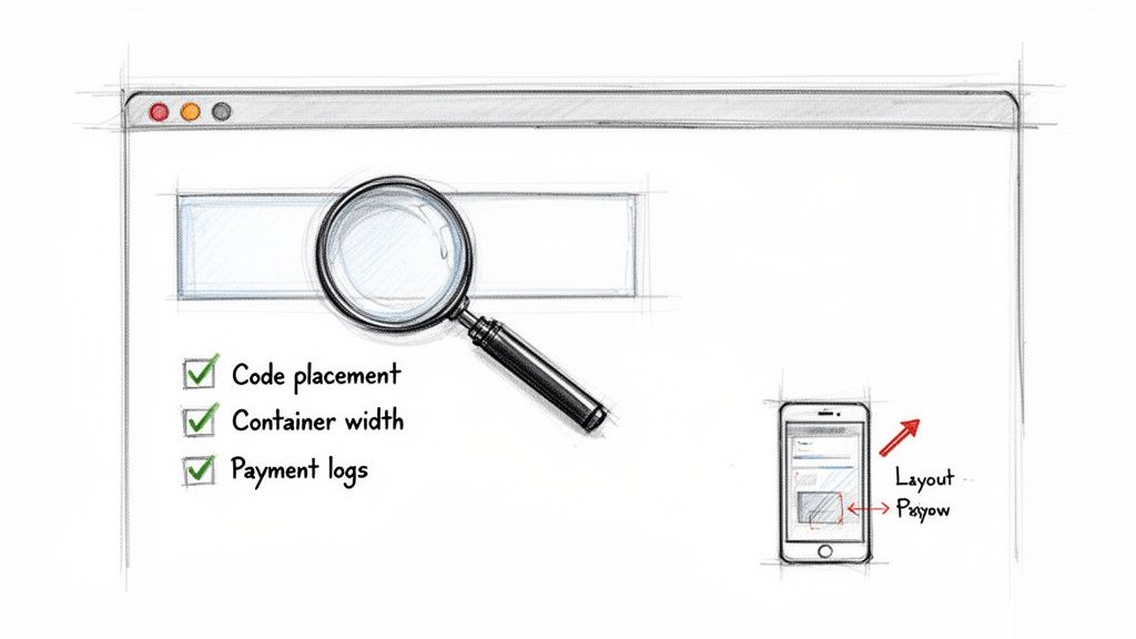 Sketch illustrating website and mobile integration checks, including code placement and layout.
