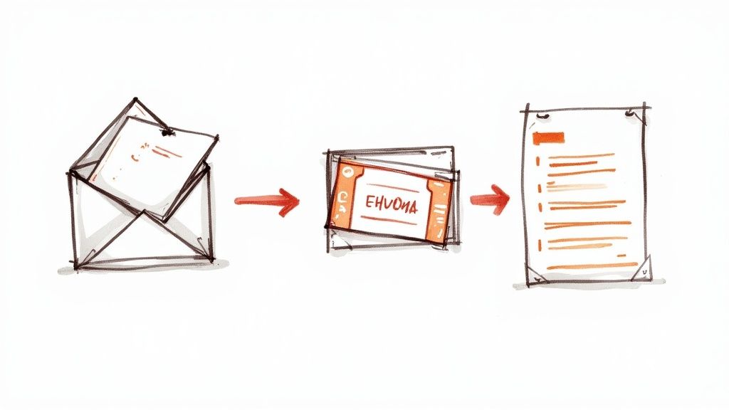 Hand-drawn illustration depicting a letter being opened, revealing event tickets, then leading to a detailed information sheet.