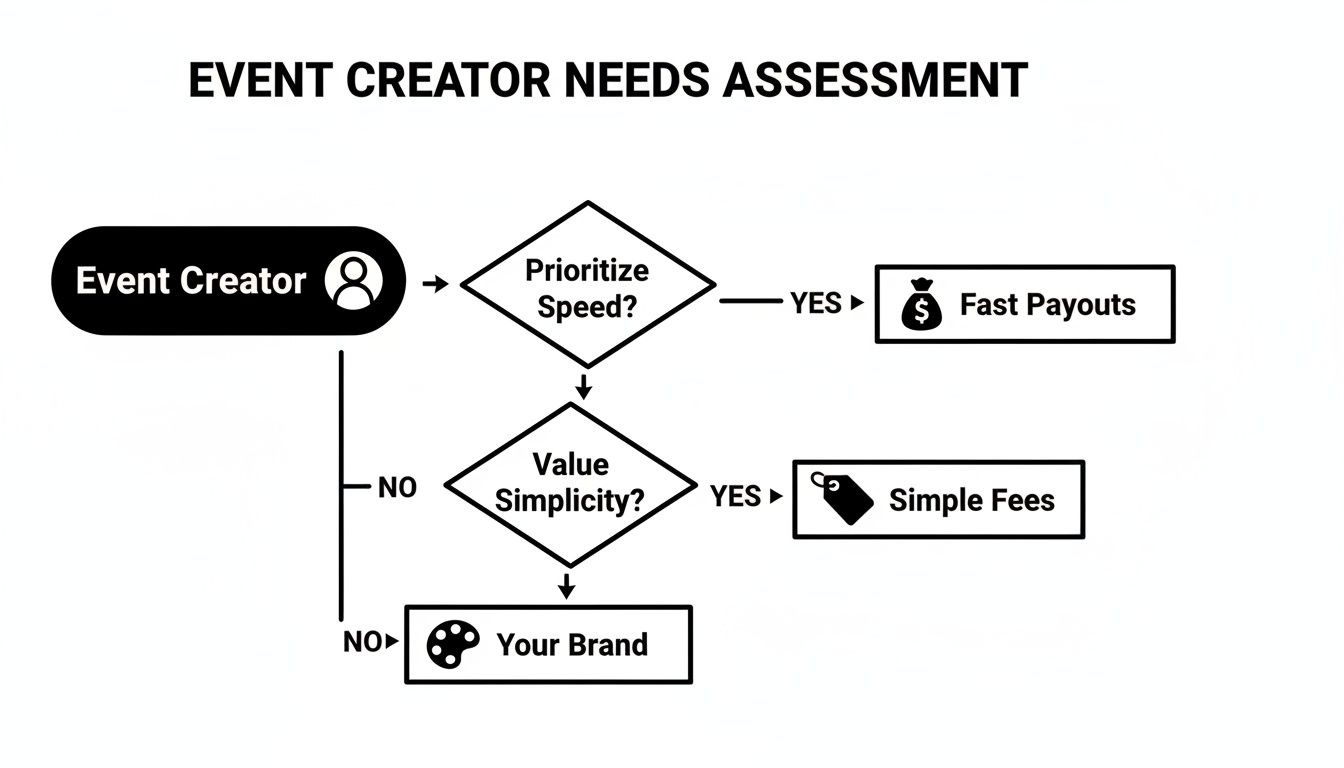 Flowchart for event creators assessing needs: prioritize speed for fast payouts, value simplicity for simple fees, or focus on your brand.