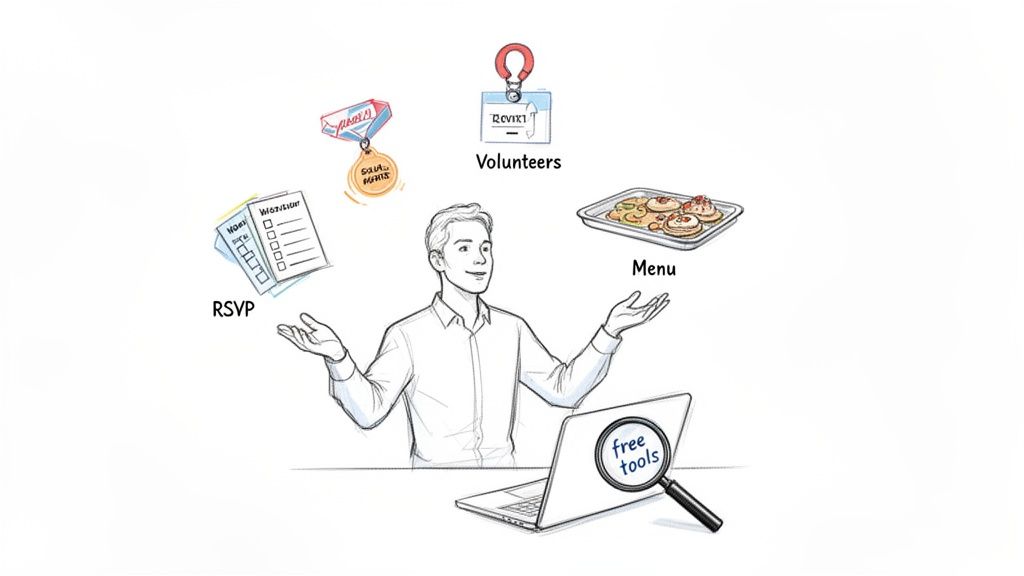 A man organizing event tasks: RSVP, volunteers, menu, awards, with a laptop searching for free tools.