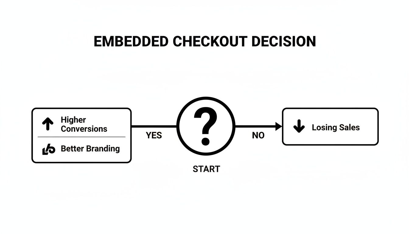 Flowchart illustrating the embedded checkout decision, showing outcomes of higher conversions, better branding, or losing sales.