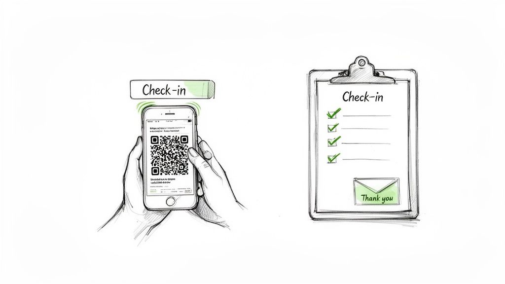 Illustrations depict a digital check-in with a QR code scan on a phone and a completed checklist.