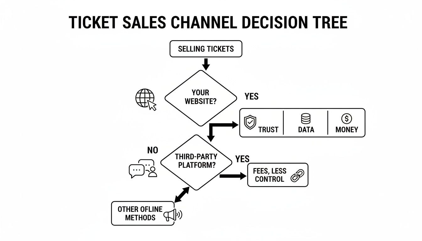 A decision tree flowchart for selling tickets, exploring options like website, third-party platforms, and offline methods.