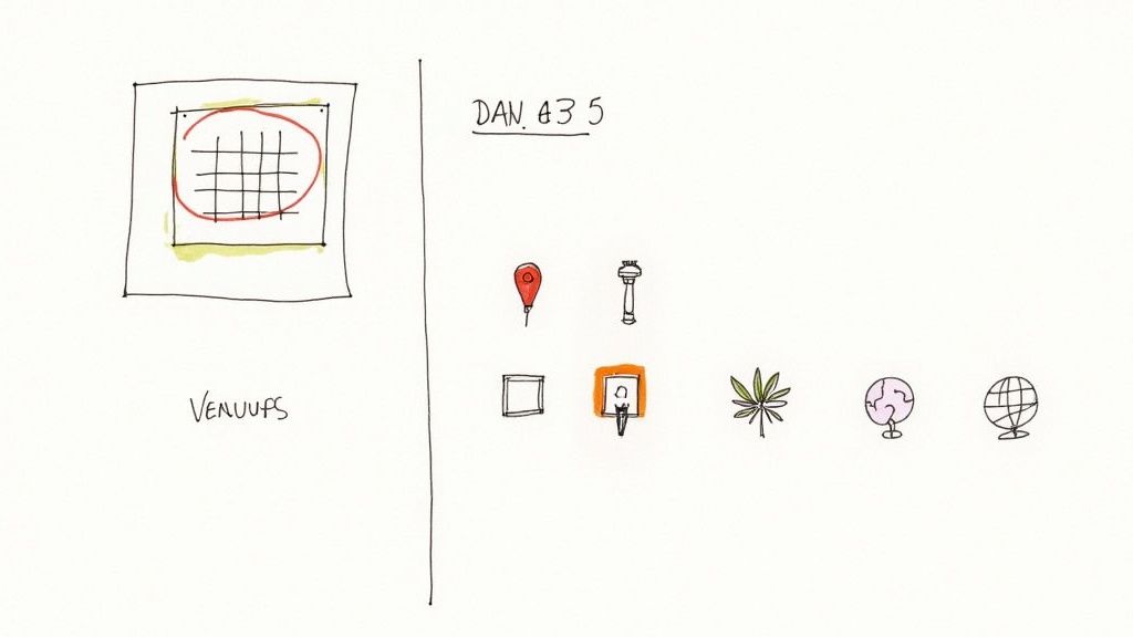 Hand-drawn event planning icons with locations, frames, plants, and globes on a whiteboard.