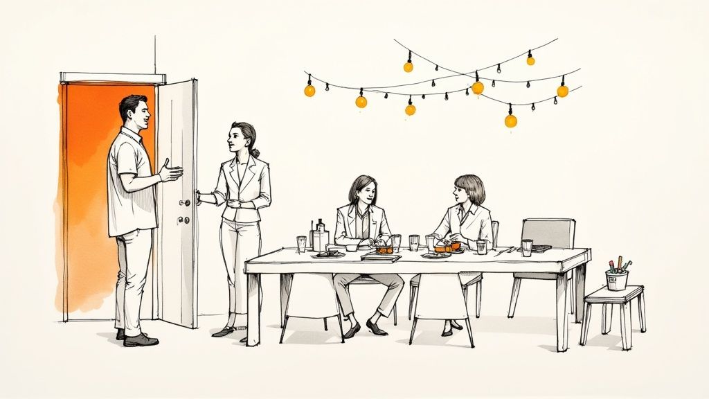 Illustration: Man greeted by woman entering a gathering with two women seated at a dining table.