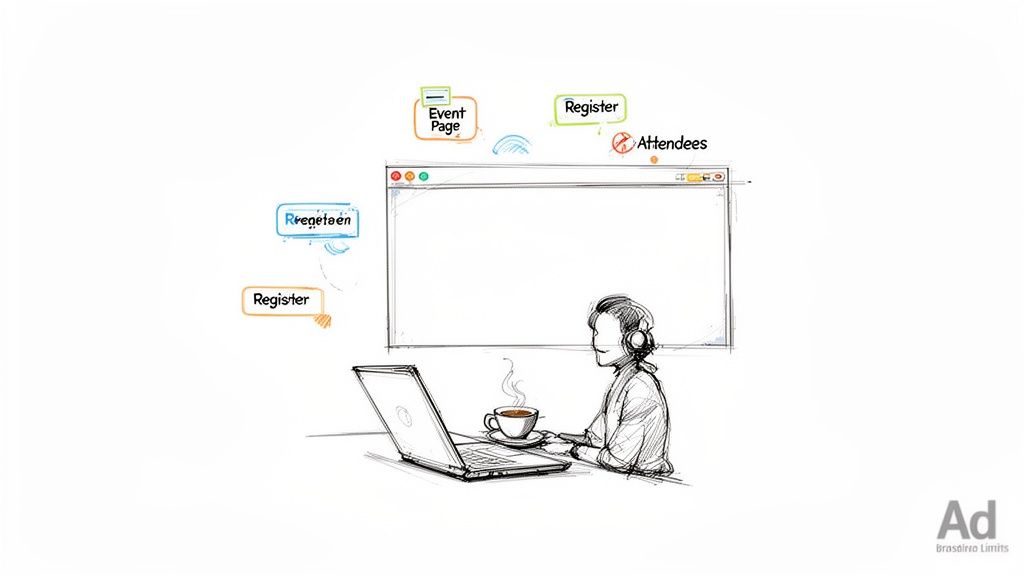 Sketch of a person with headphones using a laptop for online event registration and management.