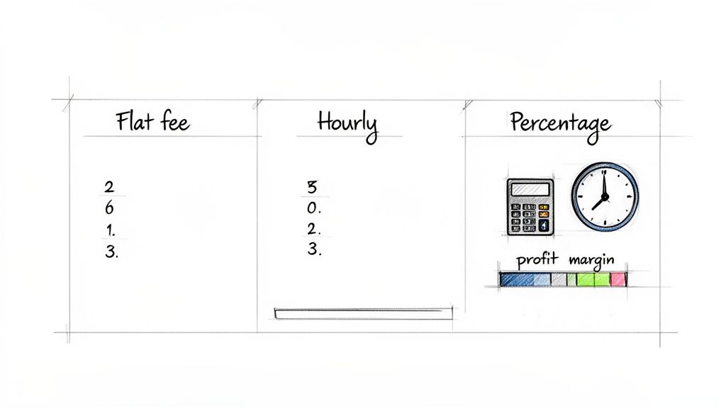 An illustration of business pricing models, including flat fee, hourly rates, and percentage-based options with visuals.