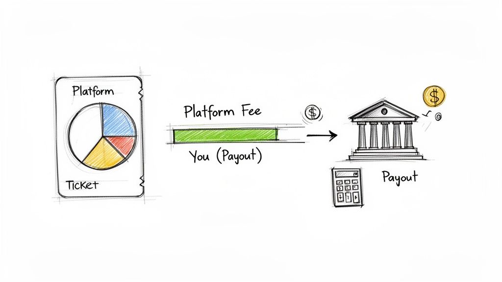 Illustration detailing ticket sales revenue, platform fee, and net payout process for sellers.