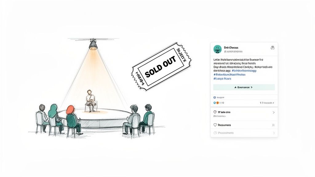 A person on a spotlighted stage addresses an audience, next to a 'SOLD OUT' ticket and a social media post.