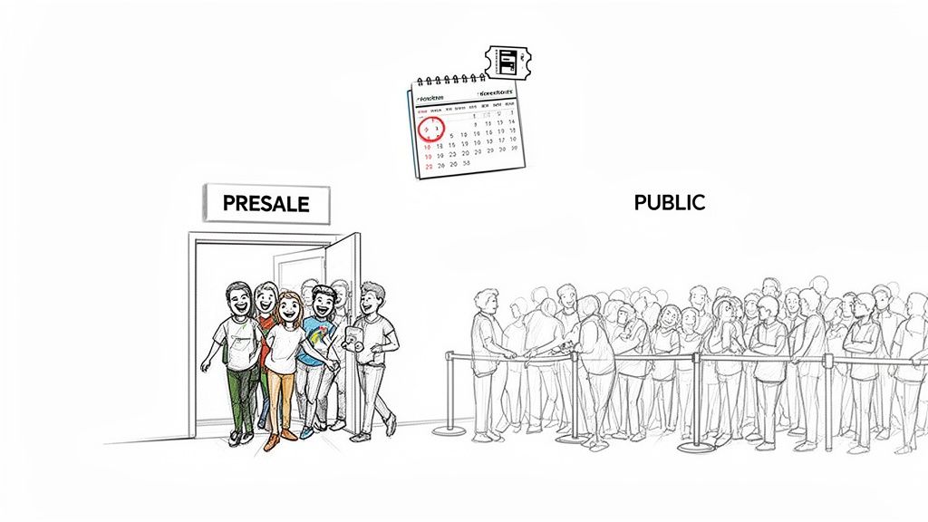 Happy people easily enter a presale event, while a large public crowd waits in a long queue.