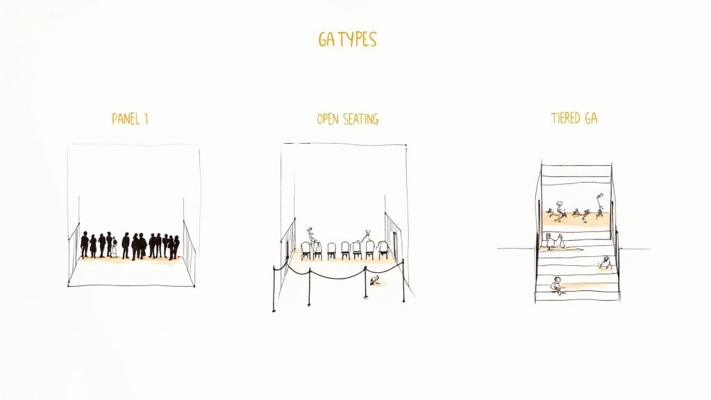 Diagram illustrating three general admission types: standing room, open seating, and tiered platforms.