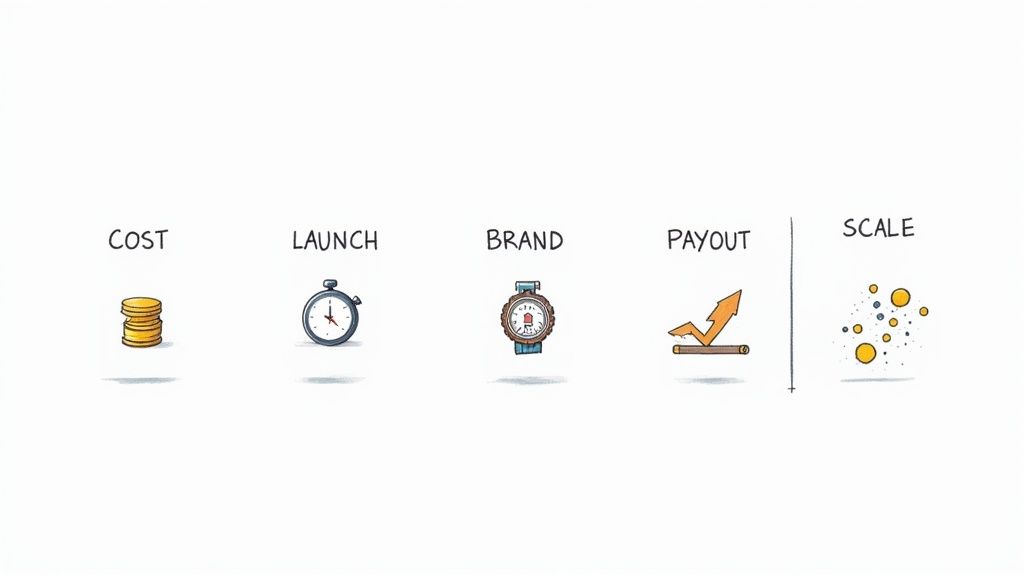 Illustration showing five steps of a business process: Cost, Launch, Brand, Payout, and Scale.