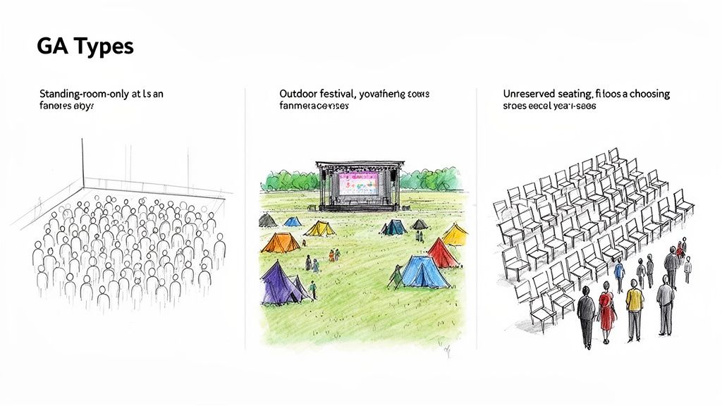 Three illustrations depicting different general admission types: standing room, an outdoor festival, and unreserved seating.