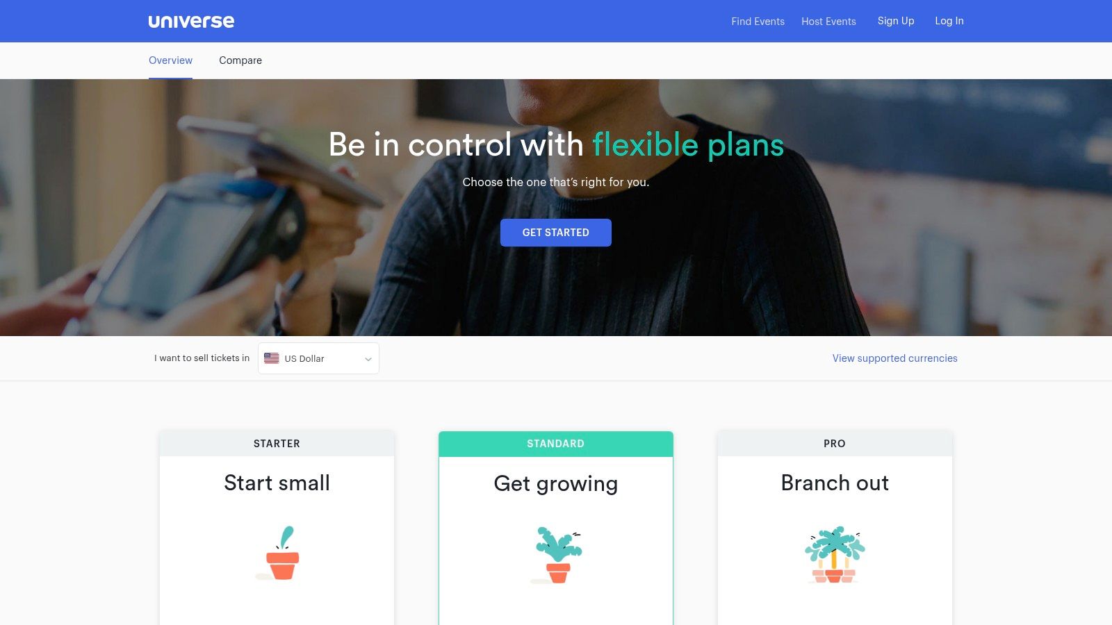 Universe pricing page showing their pay-as-you-go model for event ticketing.
