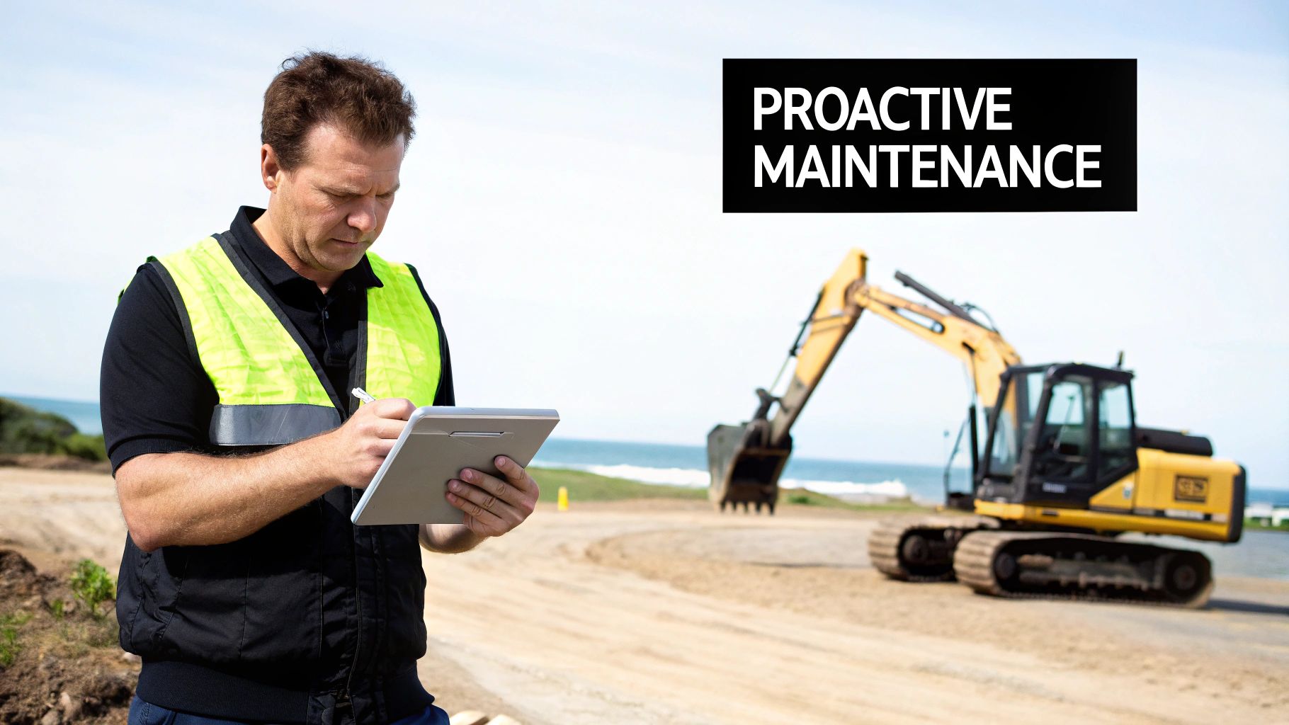 Man in high-vis vest inspecting heavy construction equipment, writing on a tablet with an excavator and ocean in the background, text reads 'PROACTIVE MAINTENANCE'.