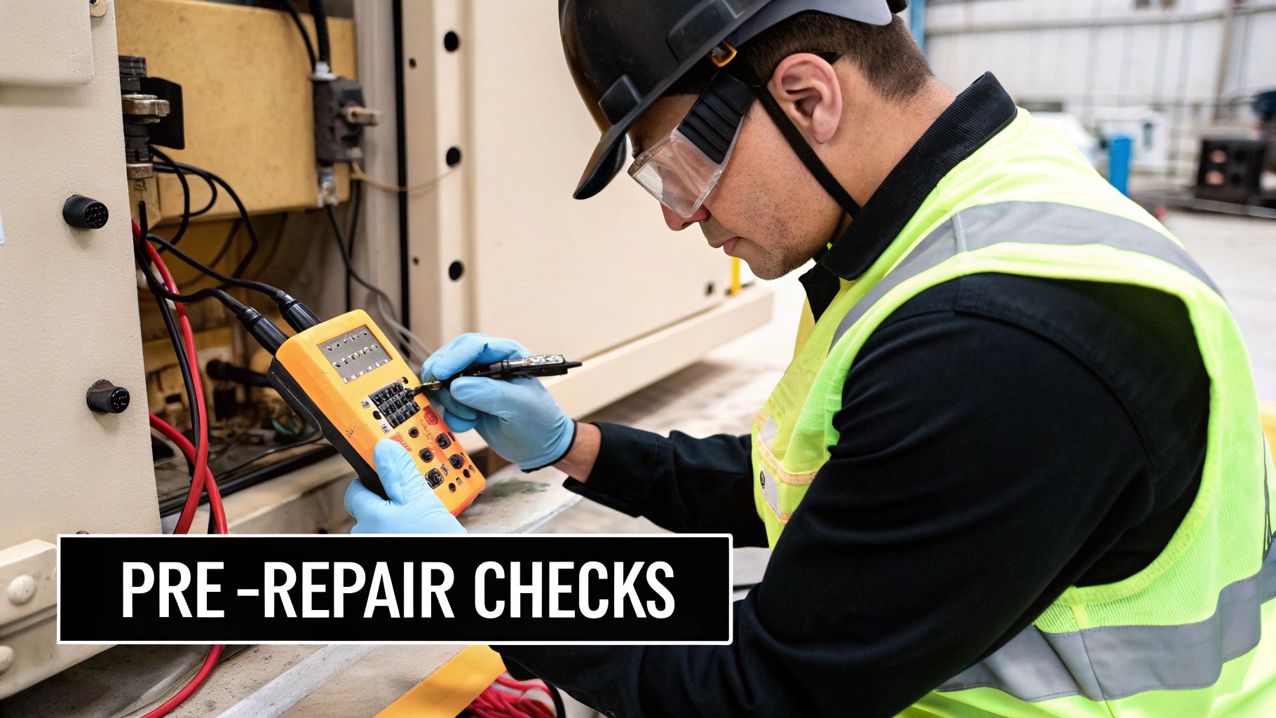 A technician in safety gear performs pre-repair electrical checks on heavy equipment with a diagnostic tool.