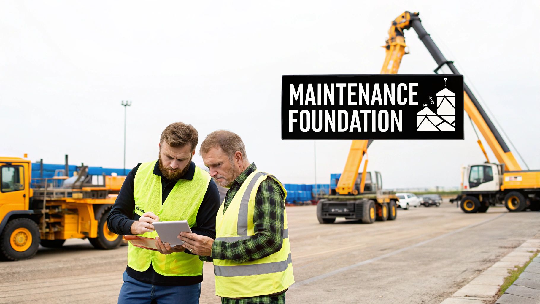 Two men in high-visibility vests inspecting a tablet and clipboard at a heavy equipment site.