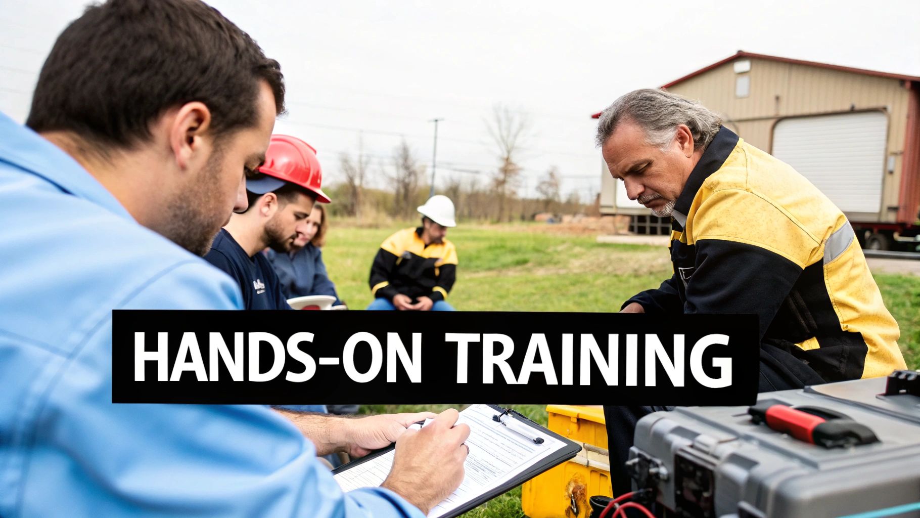 Diverse group of workers participating in an outdoor hands-on training session, taking notes on a clipboard.
