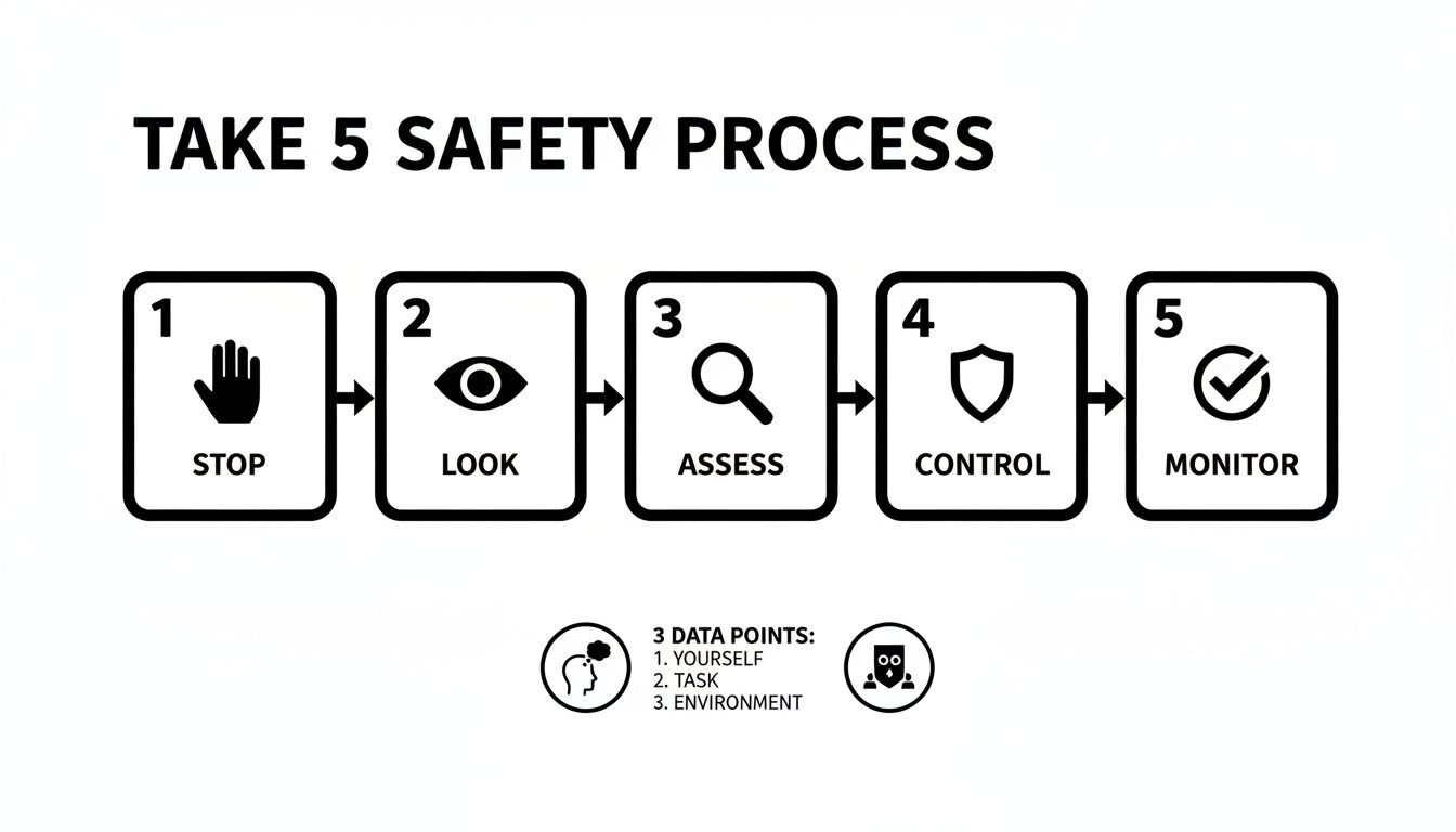 A 'Take 5 Safety Process' flowchart showing five steps: Stop, Look, Assess, Control, Monitor, with three data points.