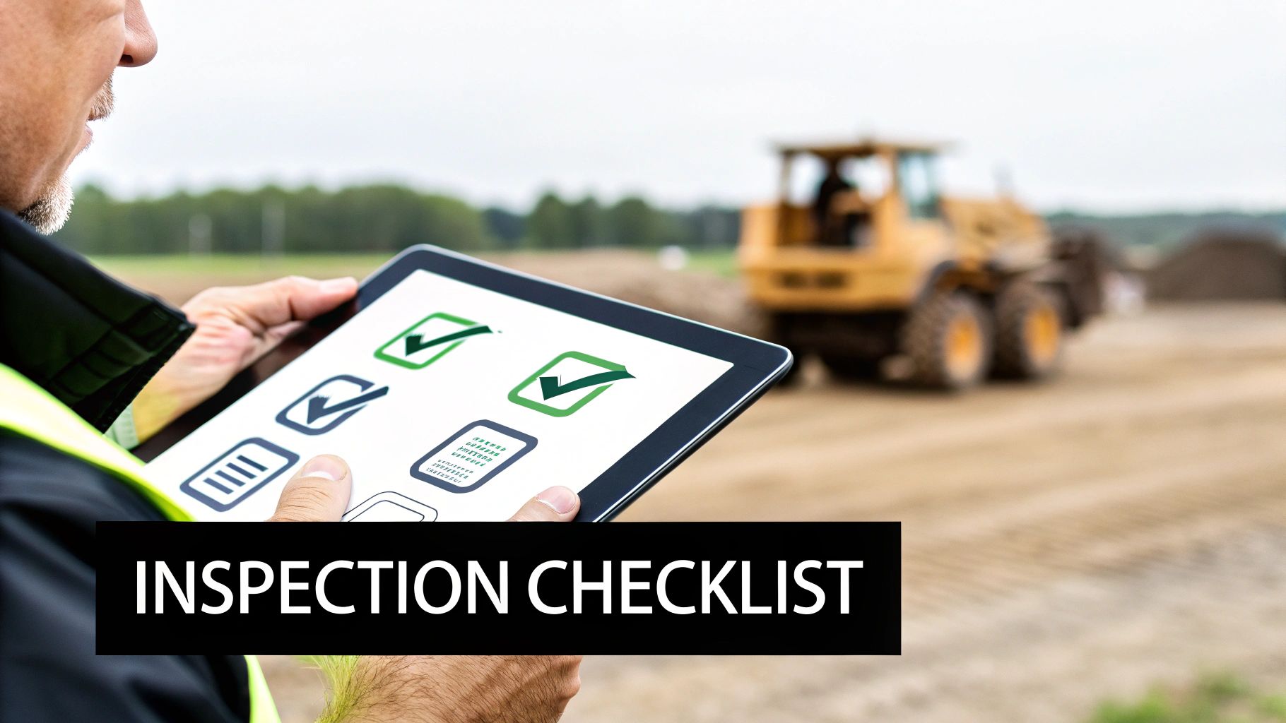 A worker in a high-visibility vest uses a tablet for heavy equipment inspection on a construction site.