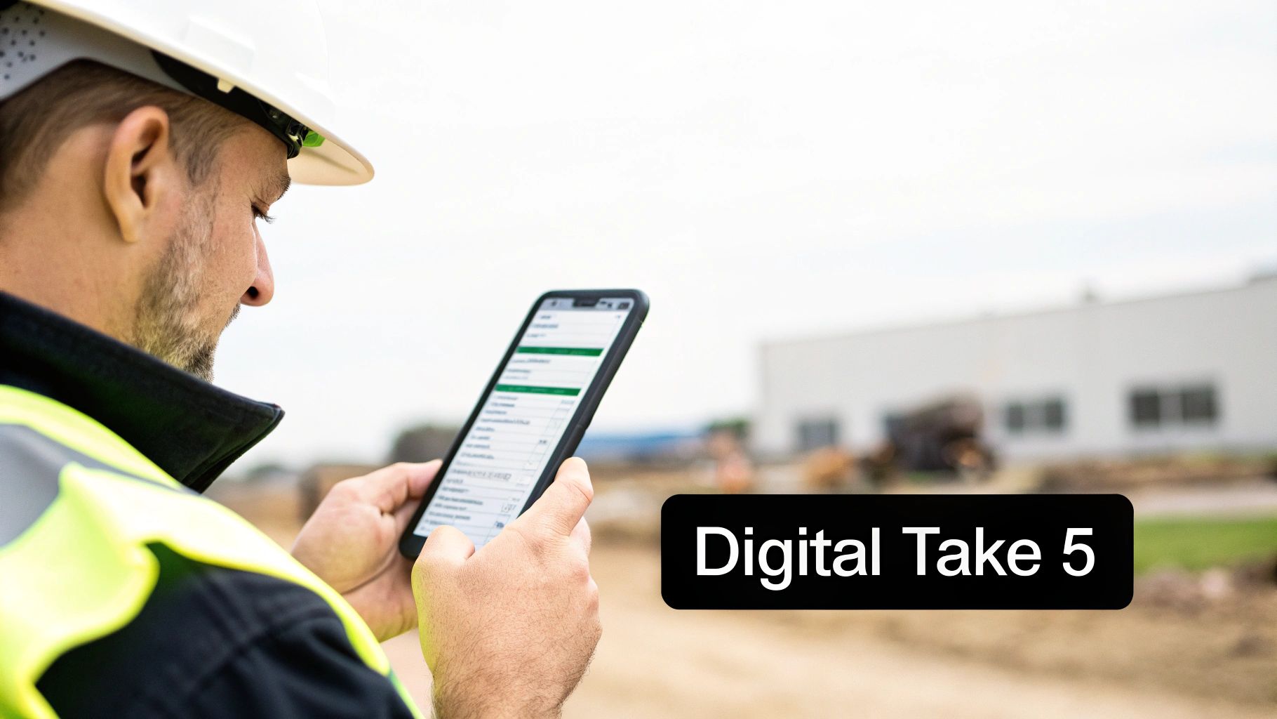 A construction worker in a hard hat and safety vest uses a smartphone at a job site for digital safety checks.