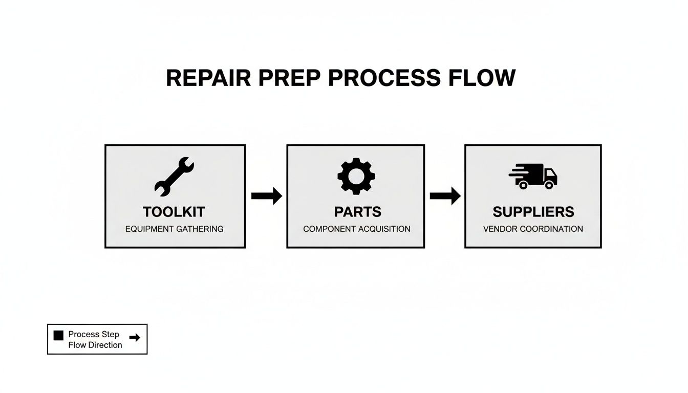 A clear diagram illustrating the repair preparation process flow with steps for toolkit, parts, and suppliers.