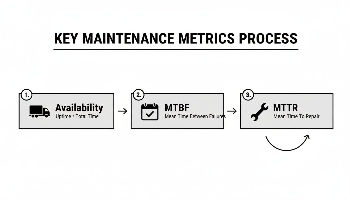 Flowchart illustrating key maintenance metrics process: Availability, MTBF (Mean Time Between Failures), and MTTR (Mean Time To Repair).