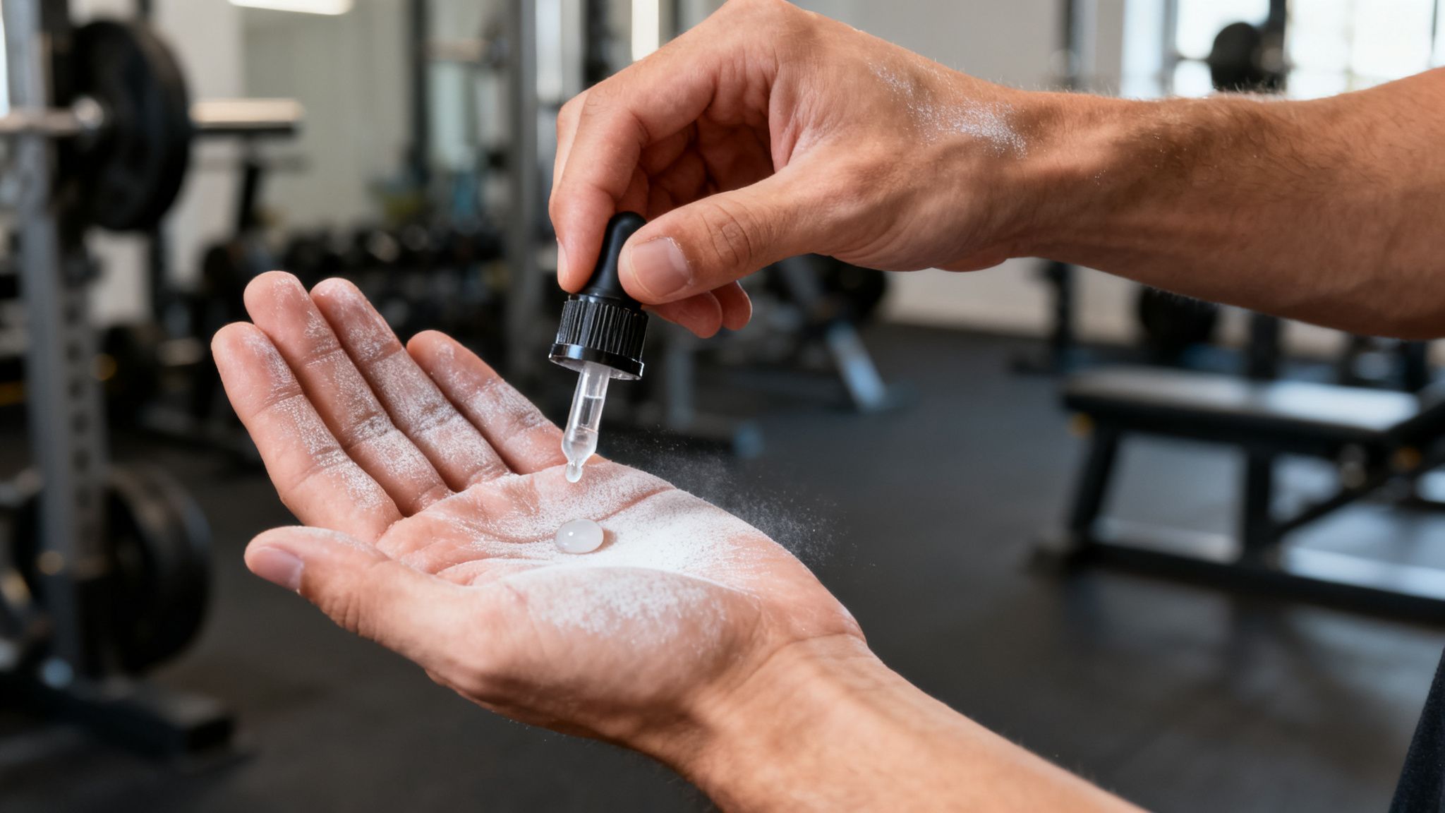 A person's hand covered in white powder receives a drop of liquid from a dropper bottle in a gym.