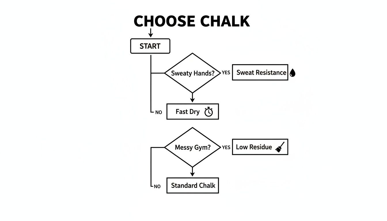 A flowchart guiding users to choose chalk based on hand sweat and gym cleanliness.