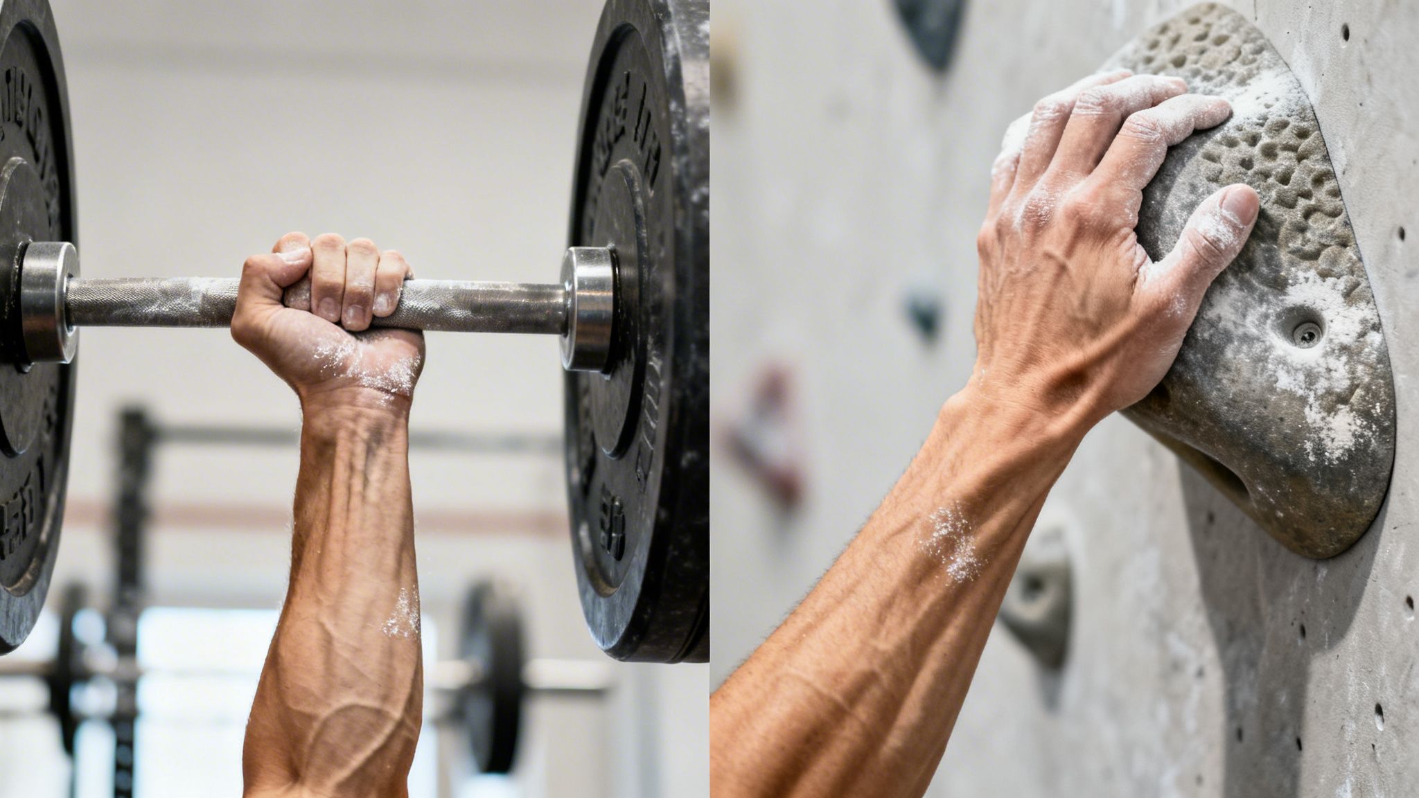 Close-up of a person's chalked hands gripping a barbell and a rock climbing hold, demonstrating grip strength.