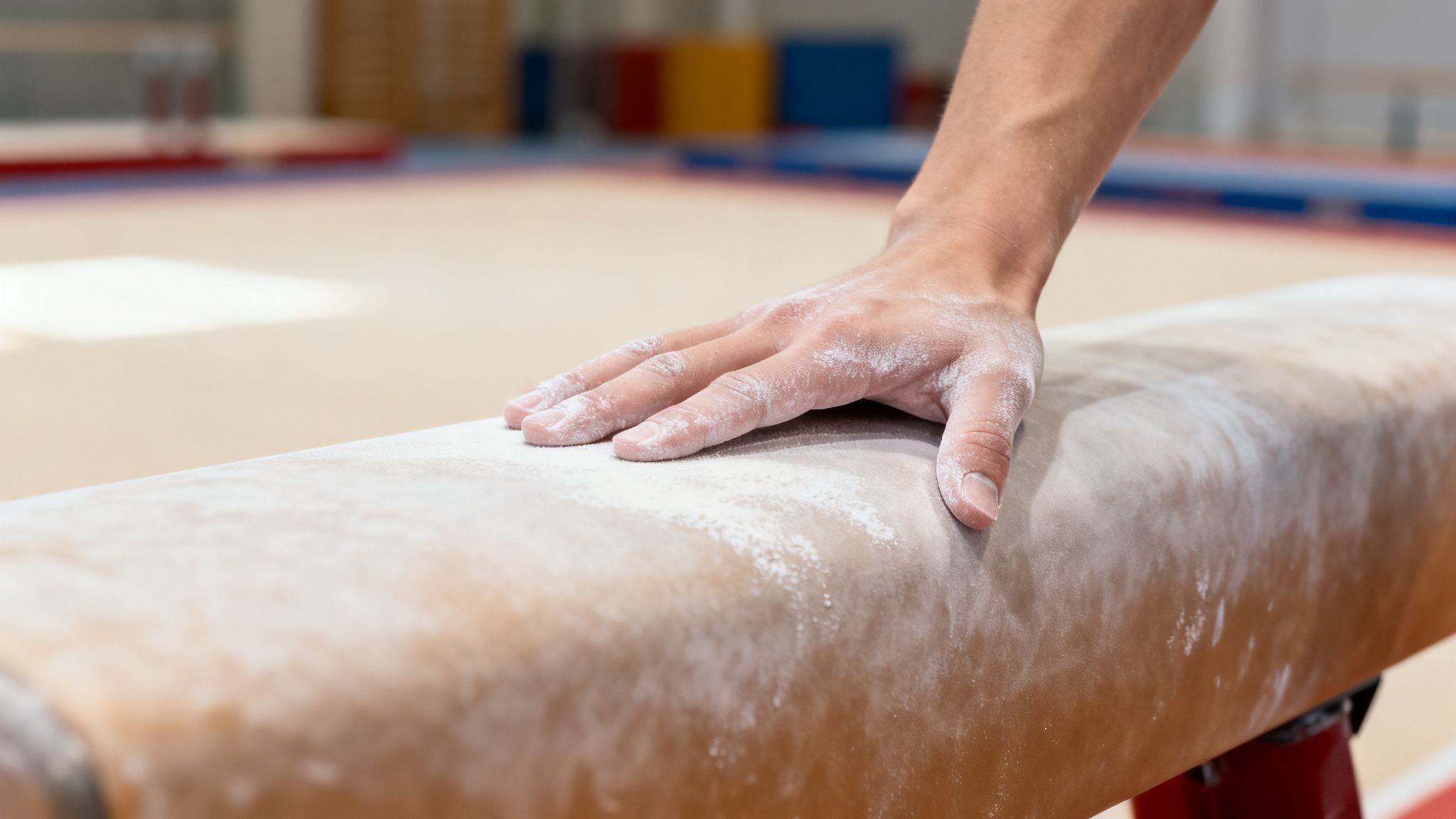 A gymnast's hand, coated in white chalk, rests on a balance beam.