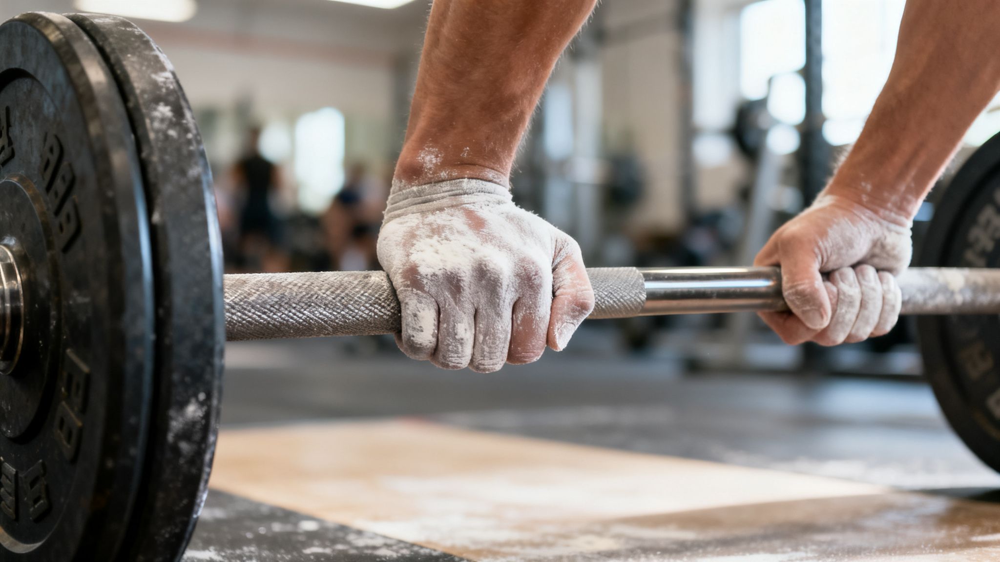 A weightlifter's chalked hands firmly grip a heavy barbell, ready for a lift.
