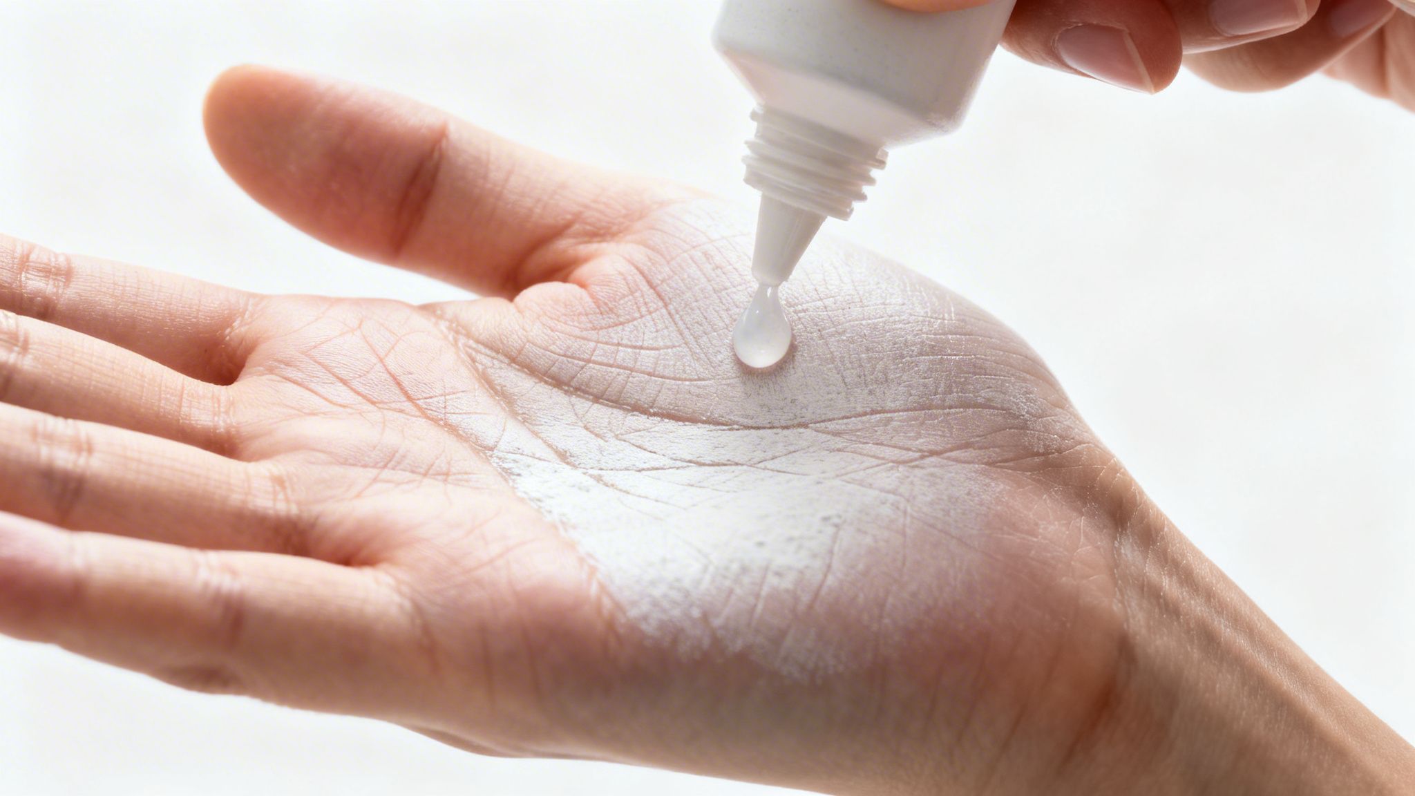 A hand covered in white powder, with a bottle dispensing a clear liquid drop onto it.